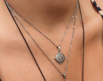 Evil eye necklace , Silver Chunky chain Choker , Crystal pendant necklace, Silver good luck charm,  Layered necklace, Gift for her