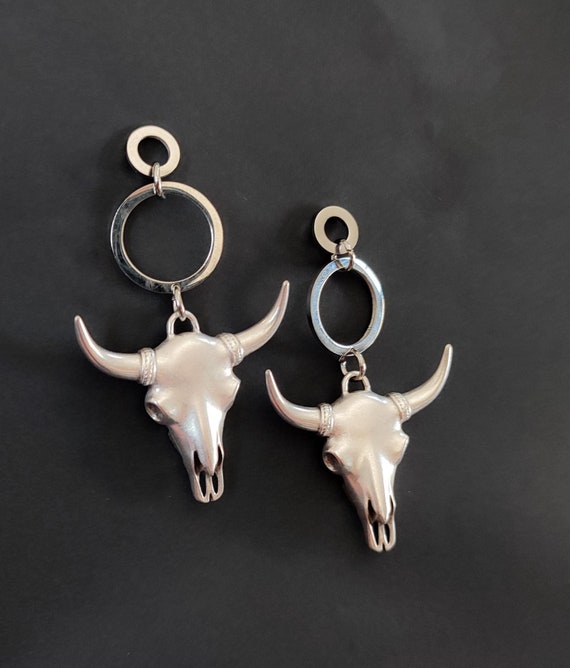 Silver longhorn skull dangle earrings, Big bull skull earrings, Long Cow skull hoop earrings, Statement earrings, Best friend gift