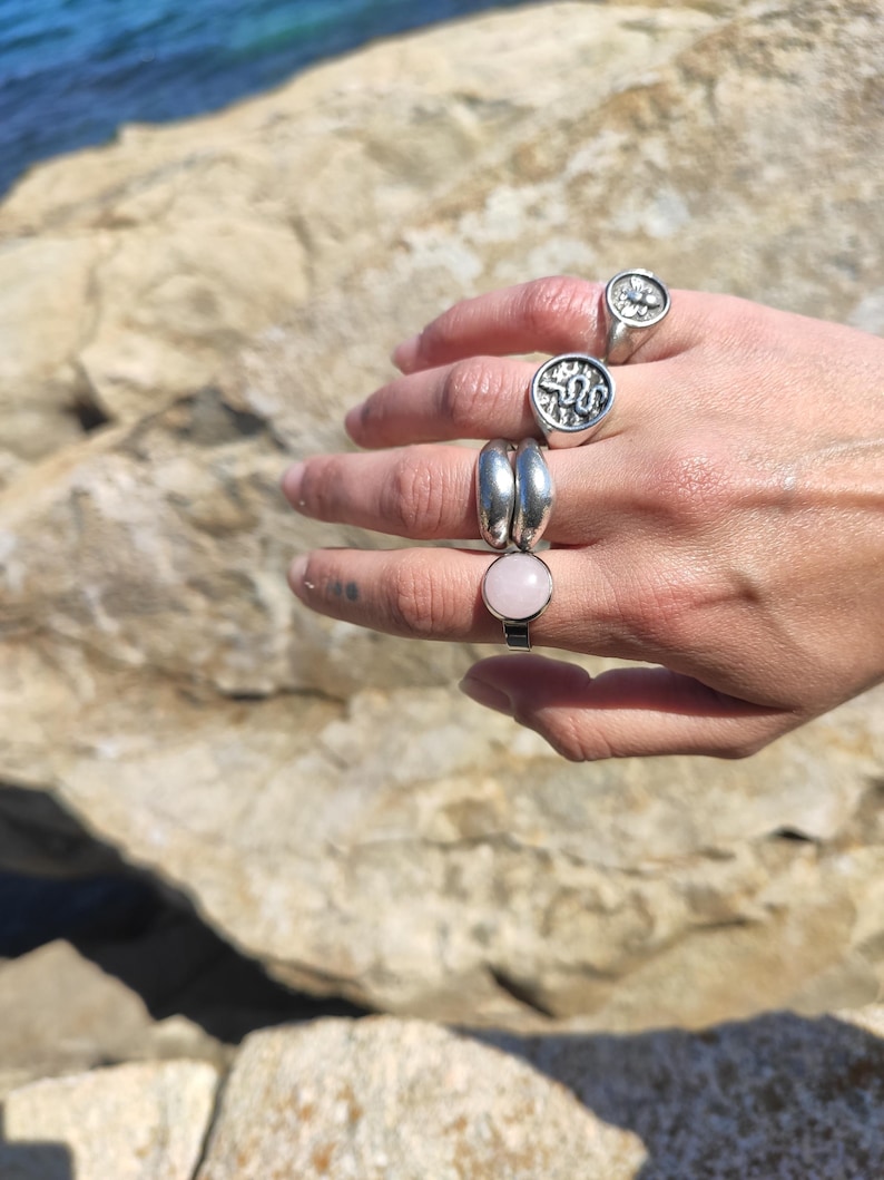 Op de afbeelding: Een hand met verschillende zilveren ringen. E&eacute;n ring heeft een roze edelsteen, een andere een slangenmotief en een derde een bij. De ringen worden gepresenteerd tegen een achtergrond van rotsen en water.