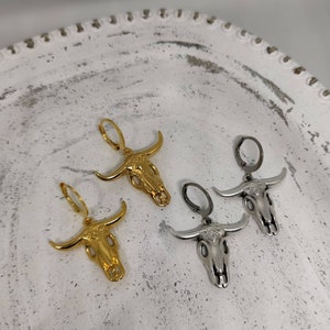 Gold bull skull earrings Cow skull earrings Skull earrings Gold baphomet jewelry Bison skull Sugar skull earrings Skull hoops Skull jewelry image 3