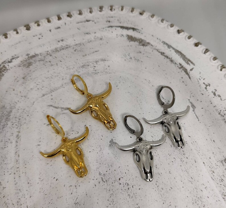 Gold bull skull earrings Cow skull earrings Skull earrings Gold baphomet jewelry Bison skull Sugar skull earrings Skull hoops Skull jewelry image 3