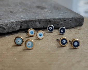 Gold stud earrings, Tiny stud earrings, Evil eye earrings, Gold evil eye stud earrings, Greek earrings, Turquoise stud, White gold stud