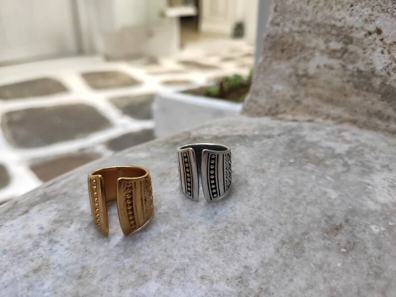 Gold mandala adjustable band ring, womens engraved mandala stamps ring, open statement ring, solid silver smooth ring, bold wide band ring image 8