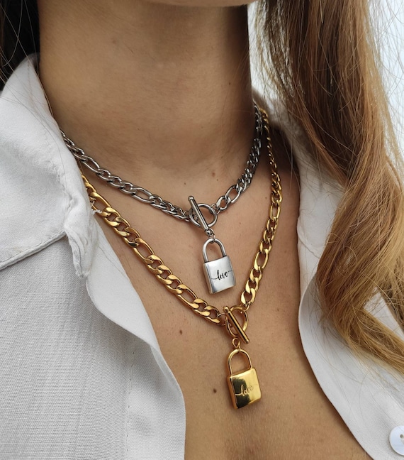 Gold Padlock Necklace Chunky Chain Lock Necklace Curb Chain 