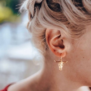 Gold bull skull earrings Cow skull earrings Skull earrings Gold baphomet jewelry Bison skull Sugar skull earrings Skull hoops Skull jewelry image 5