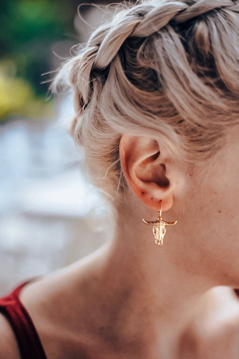 Gold bull skull earrings Cow skull earrings Skull earrings Gold baphomet jewelry Bison skull Sugar skull earrings Skull hoops Skull jewelry image 5