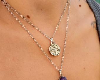 Collier pièce de monnaie en argent Bélier, collier de tous les jours, collier chaîne en argent améthyste, pierre de naissance du zodiaque de mars, cadeau pour elle