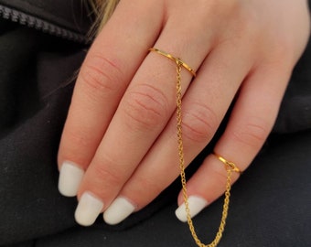 Double finger ring, Knuckle ring, Midi chain ring, Slave ring, Handcuff ring, Connected rings, Body jewelry, Celestial jewelry, Gold ring