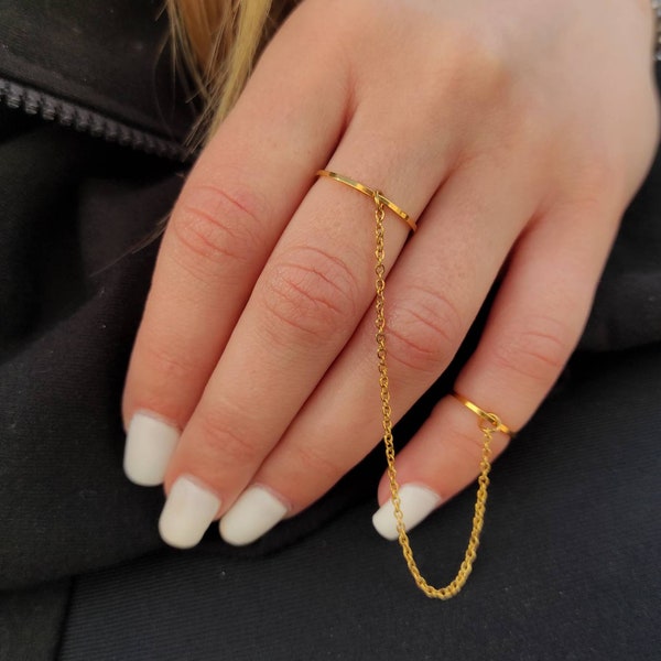 Double finger ring, Knuckle ring, Midi chain ring, Slave ring, Handcuff ring, Connected rings, Body jewelry, Celestial jewelry, Gold ring