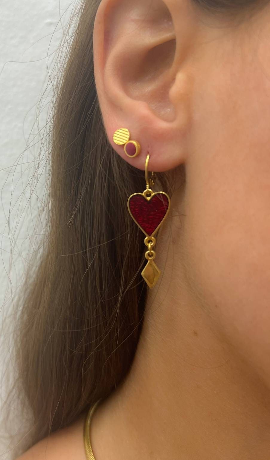 Gold Red heart shaped earrings, Black heart earrings, White heart earrings, Dangle huggie hoops earrings, Heart earrings, Gold heart hoops