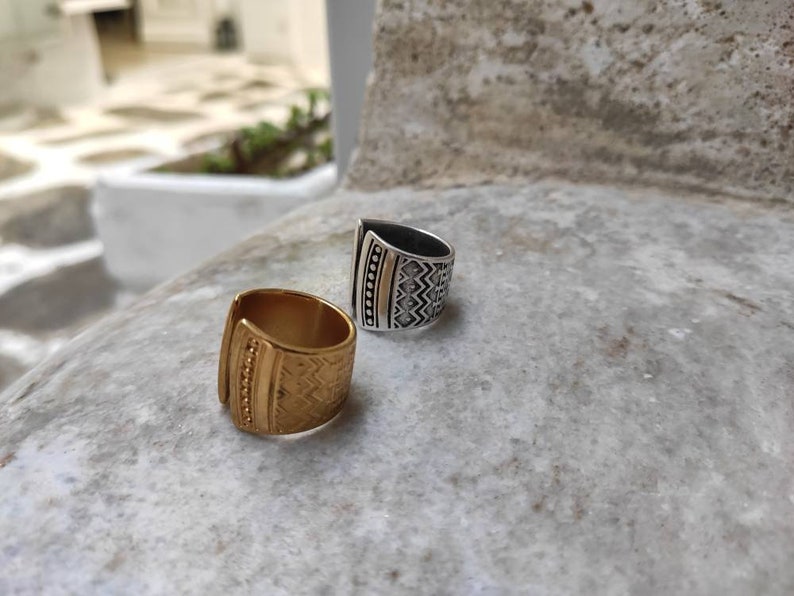 Gold mandala adjustable band ring, womens engraved mandala stamps ring, open statement ring, solid silver smooth ring, bold wide band ring image 9