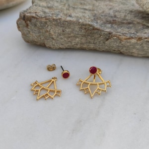 Gift for her, Red stud earrings, Flower earrings, Gold earrings, Celestial earrings, Ear cuff, Dainty earrings, Front back earring