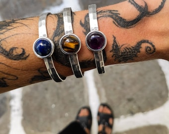 Pulseira de prata, pulseira de ametista, pulseira de lápis-lazúli, pulseira de pedra de nascimento, pulseira larga, pulseira de pedra preciosa, pulseira de ouro