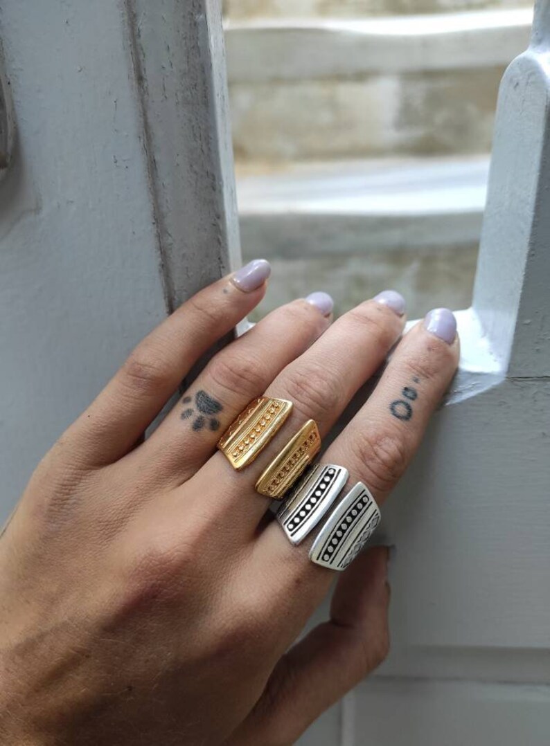Gold mandala adjustable band ring, womens engraved mandala stamps ring, open statement ring, solid silver smooth ring, bold wide band ring image 6