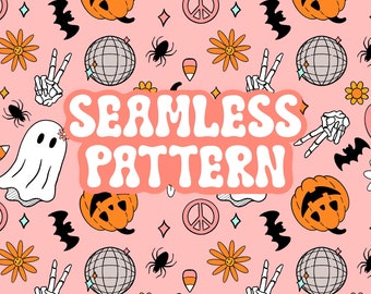 Hippie Halloween Seamless Pattern, Retro Groovy Floral Spooky Ghost Print PNG Pattern