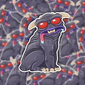 May include: A sticker featuring a cartoon illustration of a purple, drooling, dog-like creature with red eyes. The creature is sitting on its hind legs with its tongue hanging out. The sticker is surrounded by other stickers of the same creature.