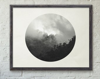 Misty hills & woods circle photo print - Nature woods style photography / modern art / unframed / custom sizes