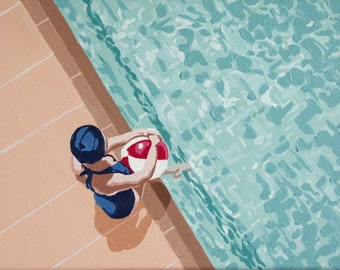 May include: A person in a blue swimsuit sits on the edge of a pool, holding a red and white beach ball. The pool water is a light blue color.