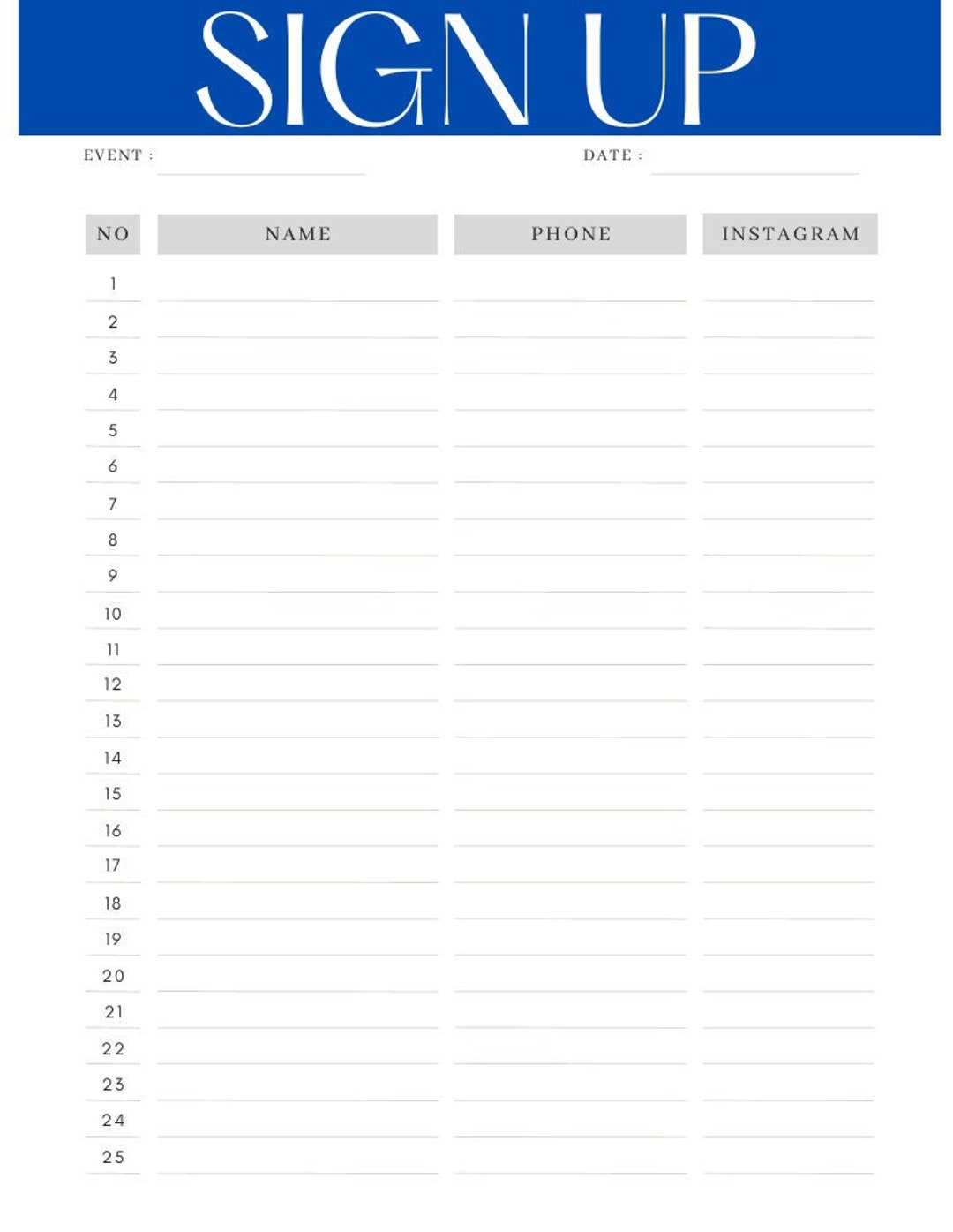 Sign Up Sheet Template Instant Download Etsy UK