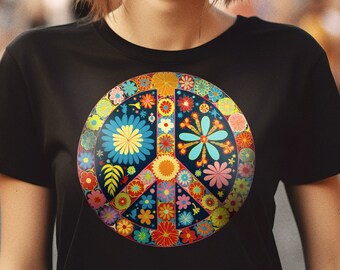May include: A black t-shirt featuring a colourful peace sign made of flowers. The peace sign is surrounded by a circle of flowers in various colours, including red, yellow, blue, green, and orange.