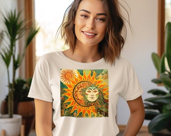 May include: White t-shirt with a colorful graphic of a sun and moon with faces. The sun is orange and yellow with a green and brown background. The moon is white with a green face.