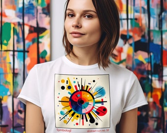 May include: White t-shirt with a vibrant abstract sun design, including the text "Symbologi abstract sun no. 32". The artwork features red, yellow, blue, and black shapes. The tee-shirt has a crew neck.