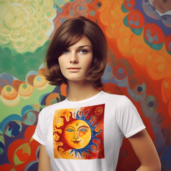 Retro 1960s Hippie Sun Graphics Art Shirt No. 30, BoHo Chic Apparel 60s Vintage Mid Century Modern Art Lovers Gift Shirt Woodstock Style Art