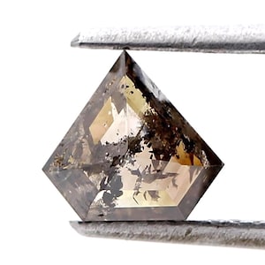May include: A faceted, kite-shaped diamond held by tweezers. The gemstone has a mix of brown, gray, and clear tones, with dark inclusions creating a unique pattern. The diamond's edges are sharply defined.