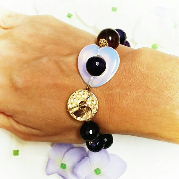 Eklektische Yoga Armband |  Perlen Armband | Heilende Edelsteine Armband | Achat-Yoga-Armband | Herz Kristall & Knoten Verschluss