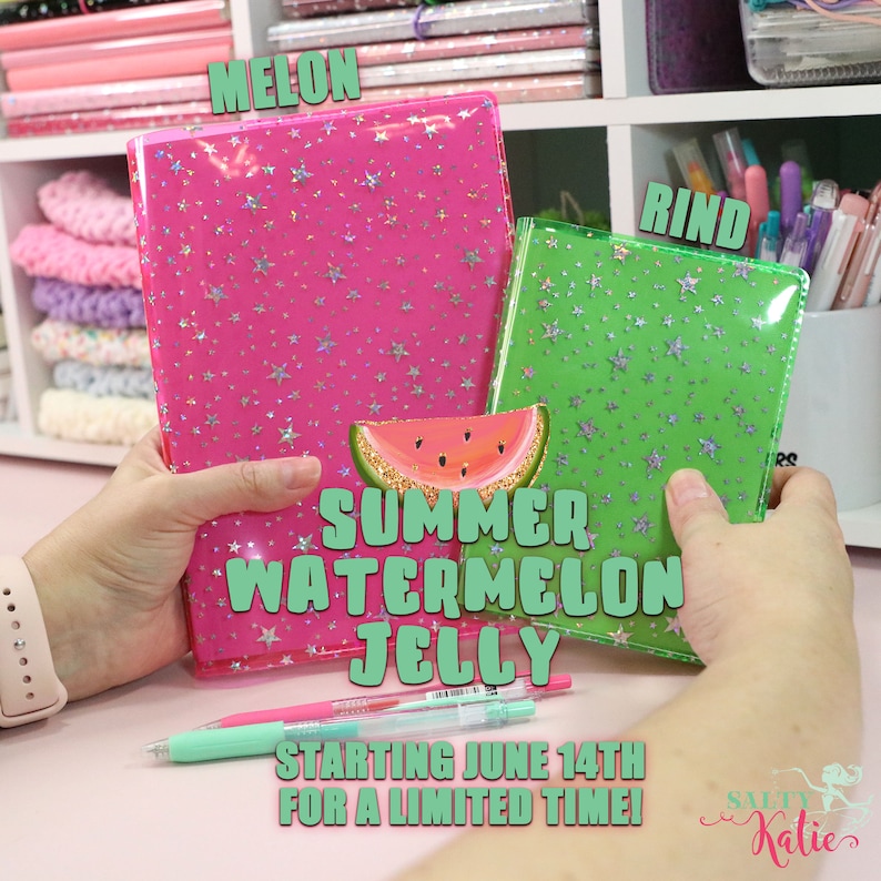 May include: Two clear plastic notebooks with a watermelon design and star pattern. The pink notebook says "MELON" and the green notebook says "RIND". The text "SUMMER WATERMELON JELLY" is written in green letters on a white background. The text "STARTING JUNE 14TH FOR A LIMITED TIME!" is written in green letters on a white background.