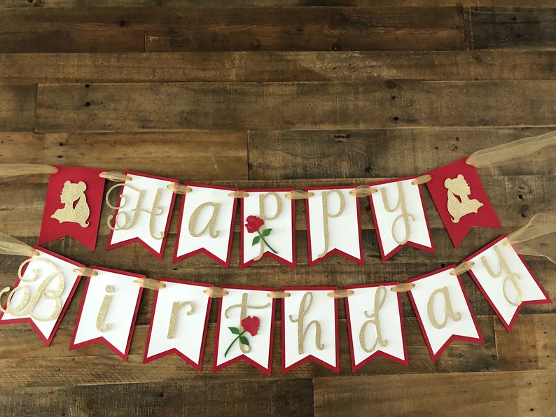Beauty and The Beast Happy Birthday Banner Happy Birthday Banner Beauty and The Beast Birthday Party