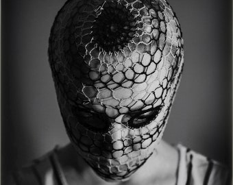 DISTURBANCE  <black and white> zentai headpiece , fishnet, crochet costume mask, strepped veil , modern and kinky, 2 sizes