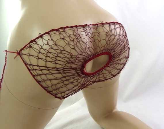 KISS Kinky Sexy Red and Burgundy Panties With the Hole at the Back and Open  Front Sexy Fishnet Lace , Bondage, Any Size 