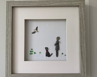 Pebble art dog picture, framed dog picture, dog lover gift, dog walking picture.