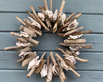 Driftwood & Oyster shell Wreath, garden decor, beach themed decor, beach art, beach lover gift, beach decor.