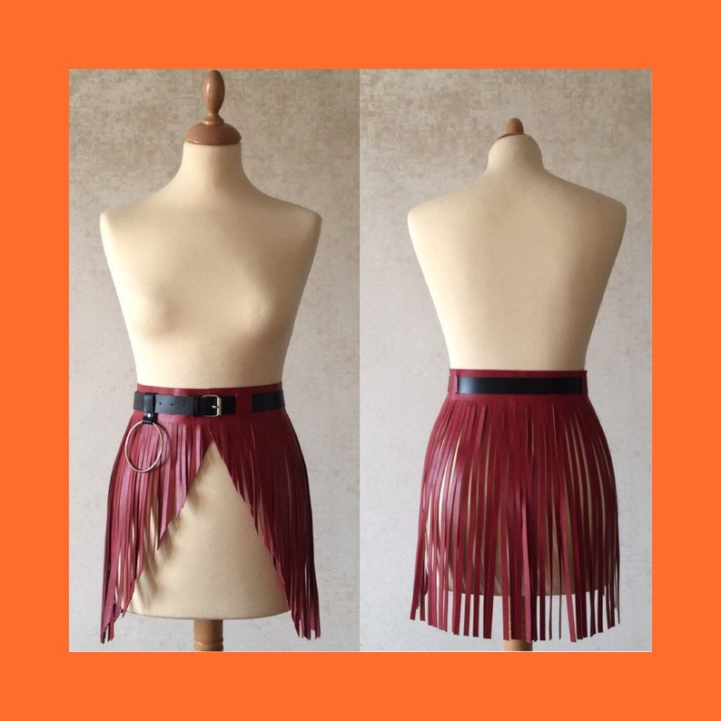 XSM Red Leather fringe belt skirt with a belt Etsy