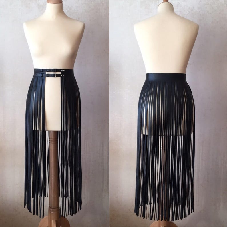 Leather fringe belt skirt black burning man high waisted Etsy