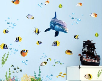3D Blue Dolphin 3D Shark Broken Wall Stickers Tropical Fish DIY Wall Decals Art Decor for Kids Boys Bedroom Playroom Ocean World Wall Stickers Color 2 