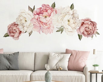 Peony Wall Decals | Floral Wall Stickers | Flower Wall Stickers | Botanical Home Office Decor for Women | Pink and White Girl Nursery Art