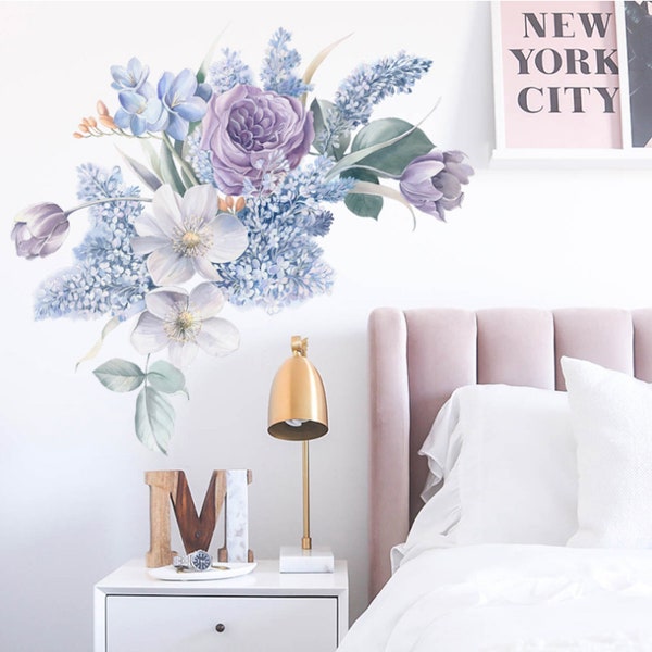 Floral Wall Decals | Bouquet Flower Wall Stickers | Watercolor Flower Nursery | Small Purple and Blue Boho Floral Wall Decals