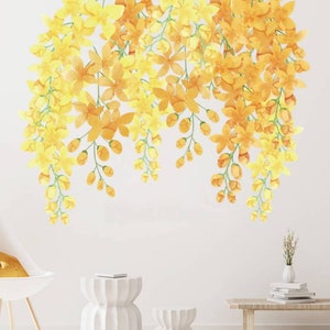 Hanging Yellow Flowers and Leaves Wall Stickers / Autumn Vines and Fall Leaves Wall Decal / Floral Wall Art / Peel and Stick Girl Room Decor