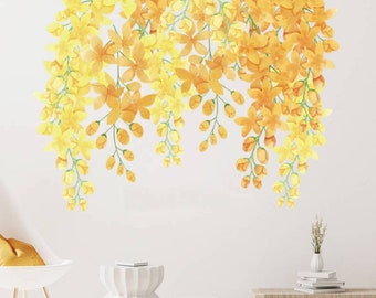 Hanging Yellow Flowers and Leaves Wall Stickers / Autumn Vines and Fall Leaves Wall Decal / Floral Wall Art / Peel and Stick Girl Room Decor
