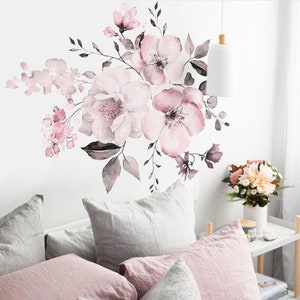 Floral Wall Stickers | Watercolor Flower Bouquet Decal for Living Room | Neutral Modern Bedroom Wall Decor | Peel and Stick Girl Nursery Art