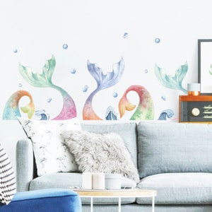 Mermaid Tail Wall Decals / Under the Sea Wall Stickers / Baby Girl Room Decor / Peel and Stick Under the Sea Art / Pastel Nursery Wallpaper