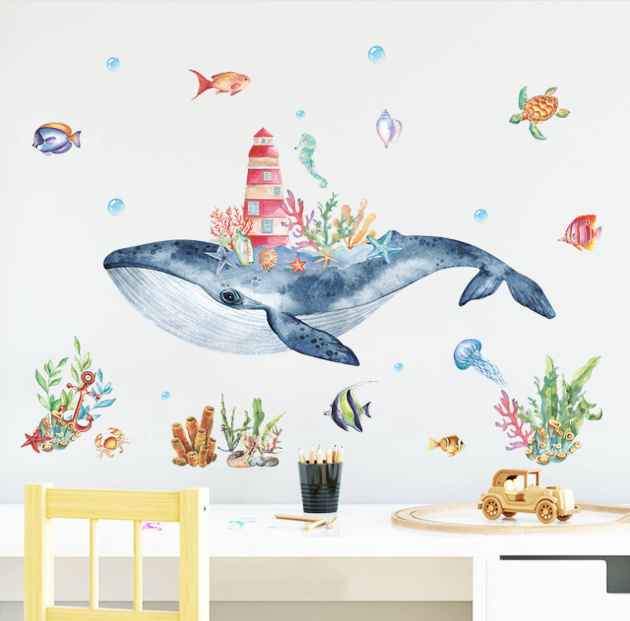 Watercolor Whale Wall Decal: Ocean Nursery Peel and Stick