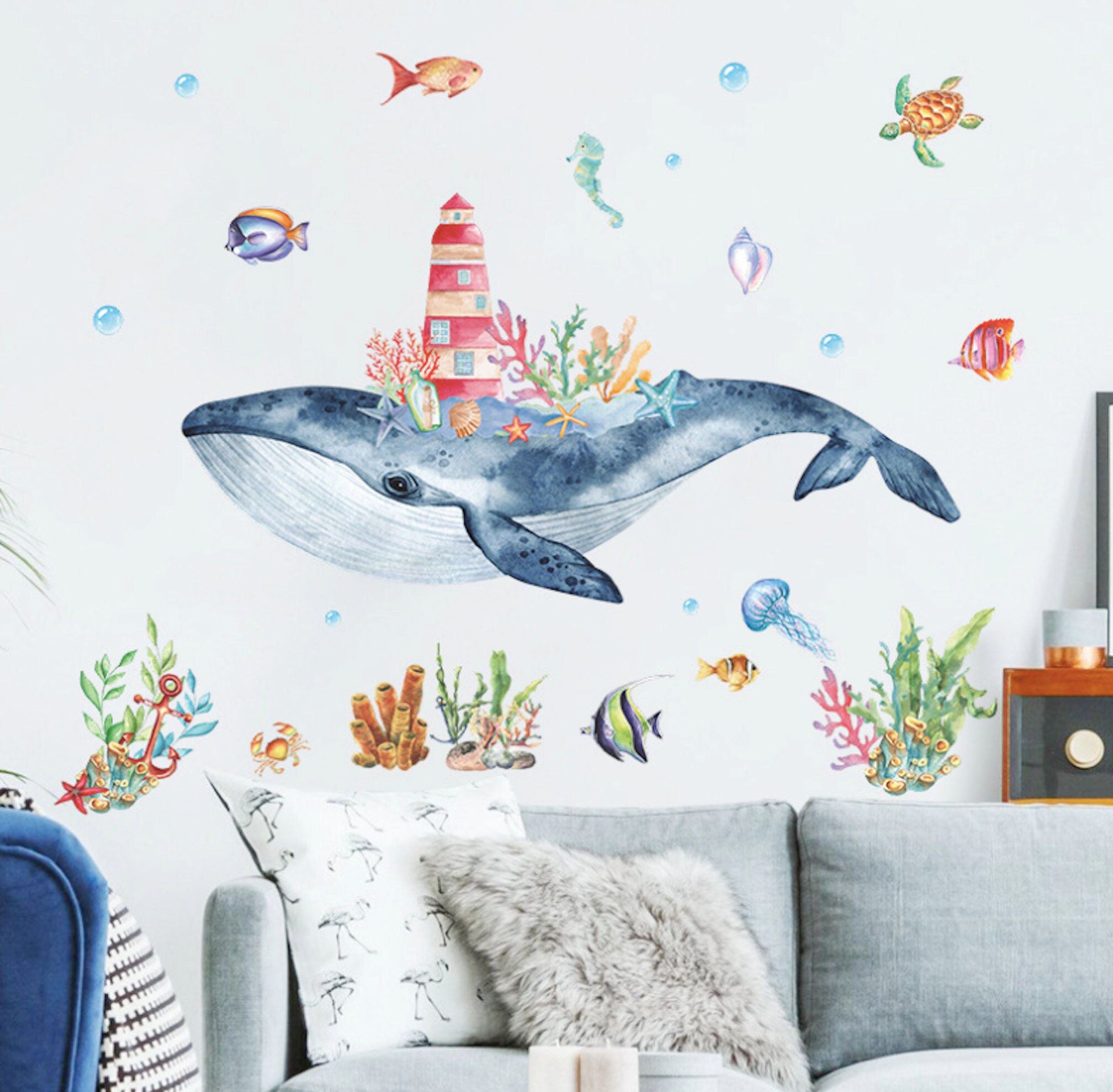 Watercolor Whale Wall Decal: Ocean Nursery Peel and Stick Wallpaper - Etsy