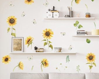 Sunflower Wall Decal Set | Removable Floral Wallpaper Alternative | Customizable Yellow Floral Mural for Nursery | Botanical Accent Wall Art