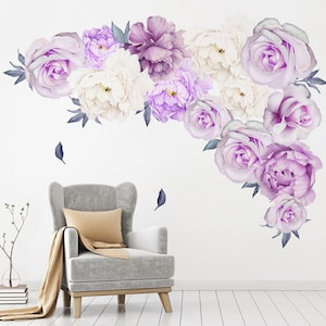 Purple Floral Wall Stickers | White Flower Decals | Removable Rose and Peony Nursery Bedroom Decor | Peel and Stick Teens Room Wall Art