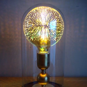 Steampunk Lamp - Christmas 3-D LED Bulb - Vintage Brass - 11&quot; Tall Glass Dome/Bell Jar - Wood Base.
