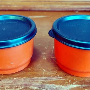 May include: Two orange plastic containers with blue lids. The lids have the word "Reusable" printed on them.